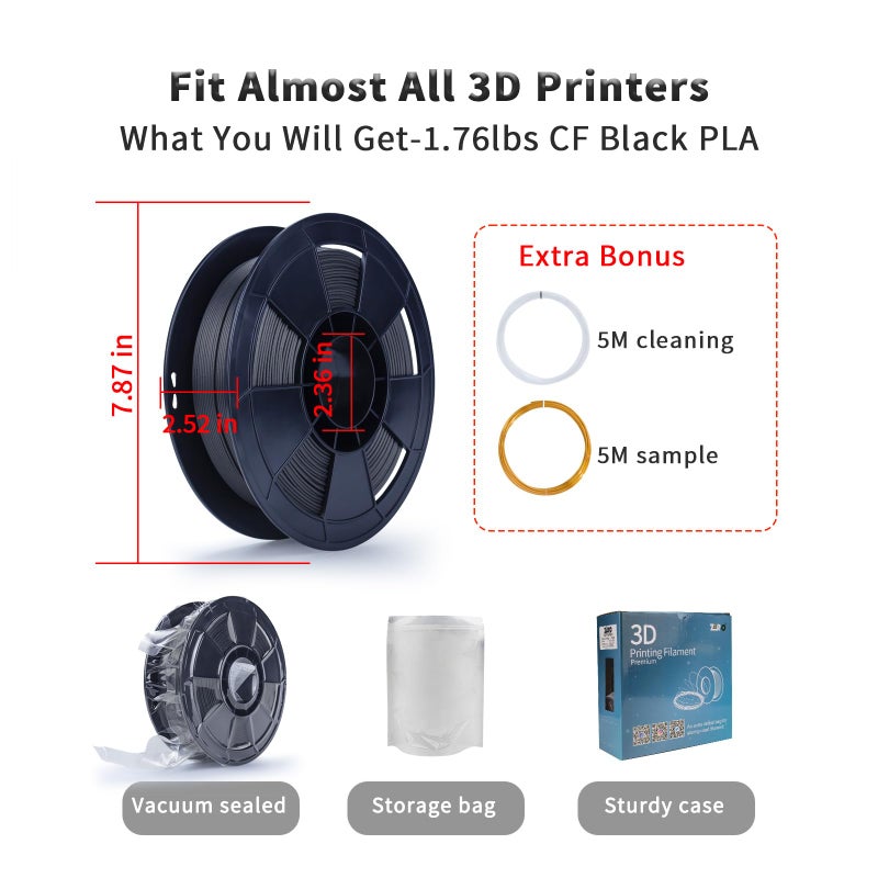 ZIRO Carbon Fiber PLA Filament 1.75mm, CF PLA 3D Printer Filament, Reinforced Material 0.8KG Spool, 15% Carbon Fiber Contained, Fits for Almost All FDM 3D Printers, 1.76lbs, Black - Image 5